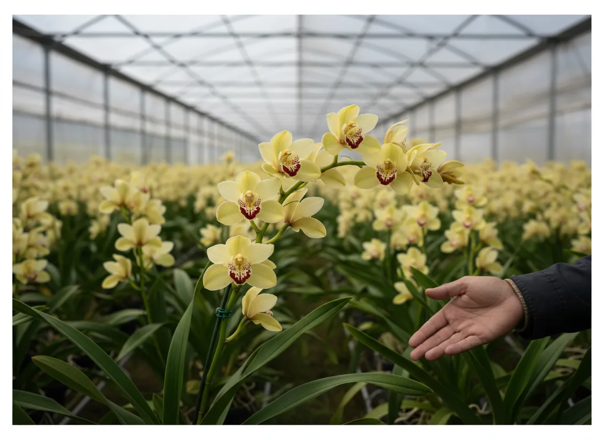 A close-up of a blooming yellow Cymbidium orchid spike inside a commercial polyhouse in Nashik, India.