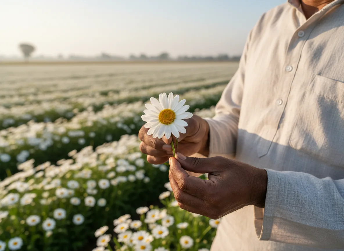 An Indian farmer inspecting a white Shasta daisy flower in his field during a sunny morning in Madhya Pradesh.