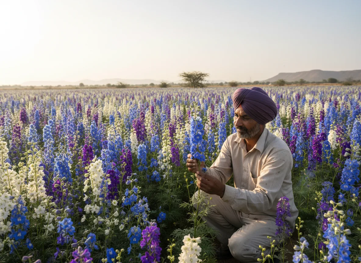 An Indian farmer in a field of tall, colourful Delphinium flowers in Kutch, inspecting a vibrant blue spike.