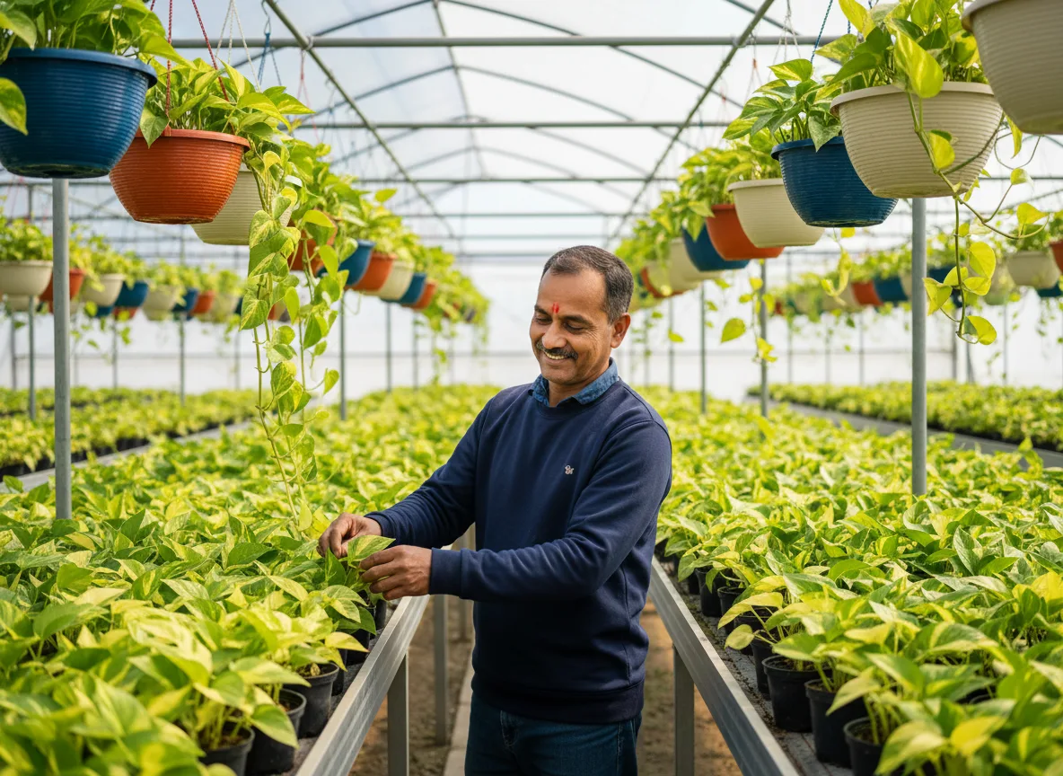 A farmer in a Himachal Pradesh nursery tending to rows of healthy Devil's Ivy (Pothos) plants, a key aspect of horticulture.