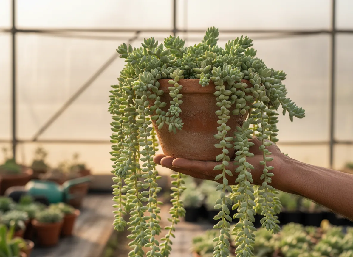 A healthy Donkey Tail Sedum with long, cascading stems being inspected by a farmer in a nursery in Ahmednagar.
