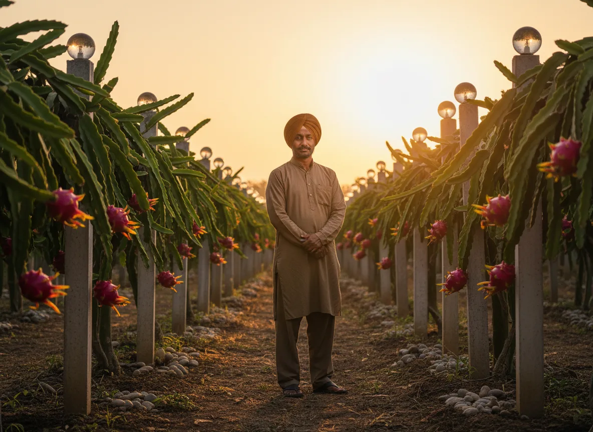 A farmer in Punjab inspects ripe pink dragon fruit growing on a trellis system in his orchard at sunset.