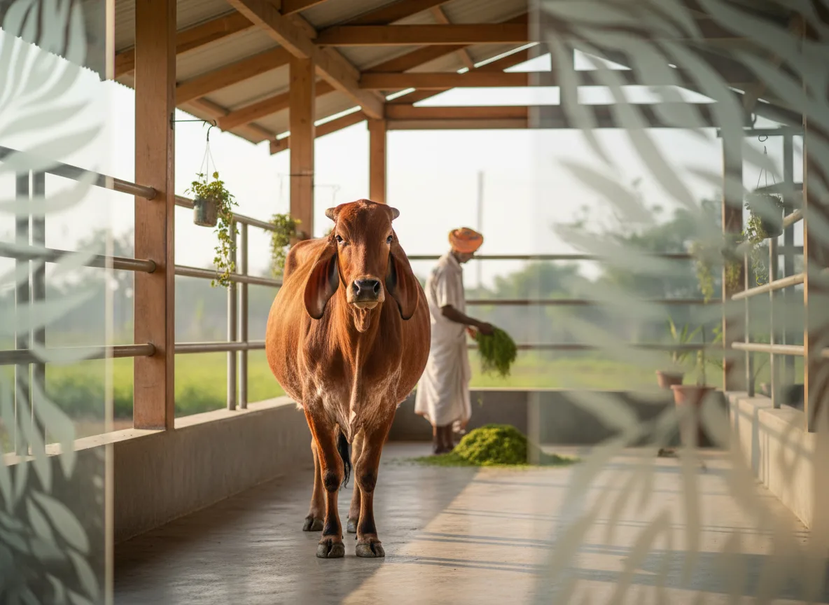 A healthy Gir cow with its characteristic curved forehead standing in a clean, well-maintained farm shed in Gujarat.