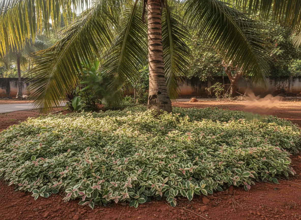 A dense, healthy groundcover of variegated Asian Jasmine with green and white leaves, growing in a garden in Goa, India.