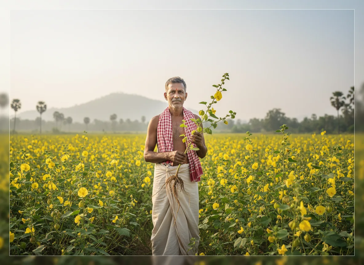 A farmer in Odisha stands in his field, holding an uprooted Abutilon indicum (Atibala) plant, showcasing a successful harvest.