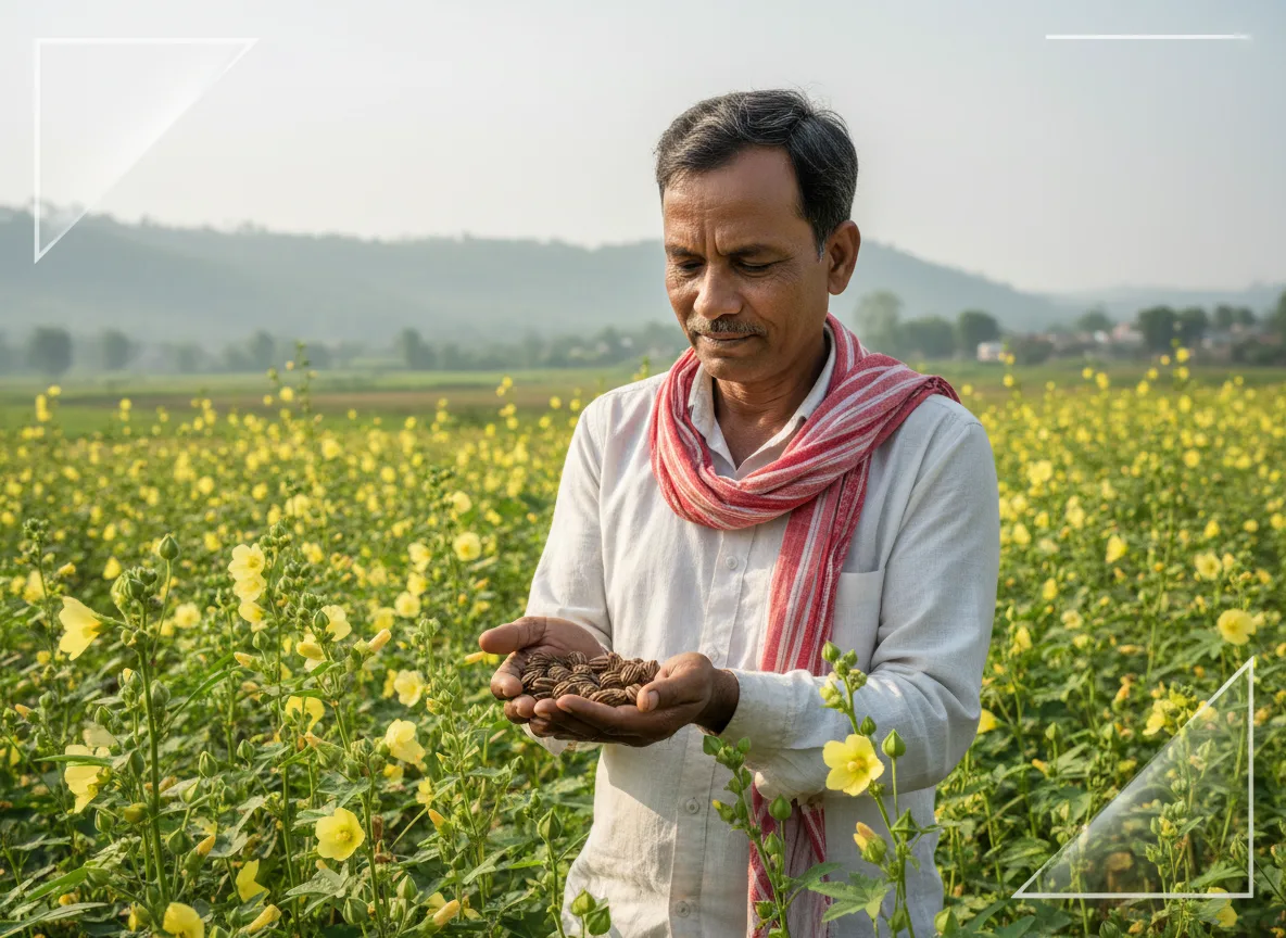 An Assamese farmer standing in his field of Abutilon indicum (Kanghi), holding harvested seeds.