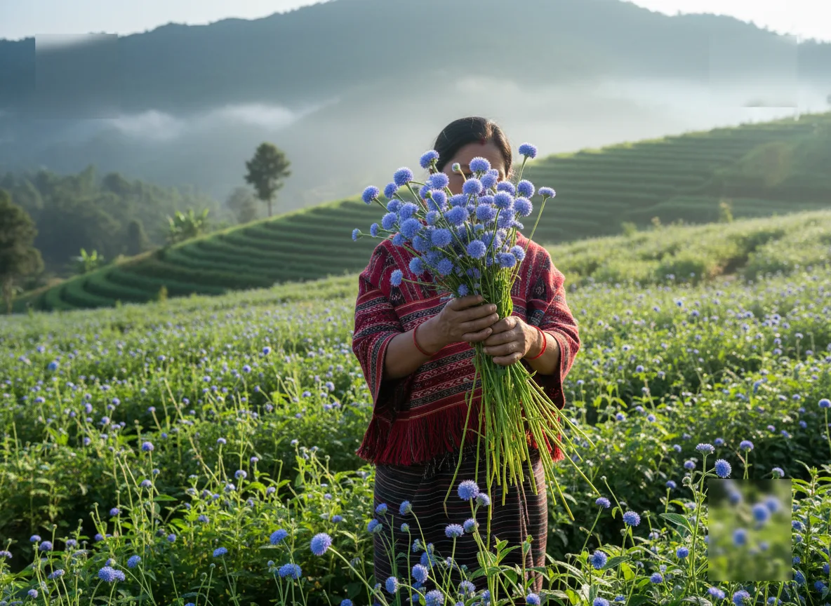 A Mizo farmer carefully harvesting bunches of tall, blue Ageratum flowers from a terraced field in the hills of Mizoram.
