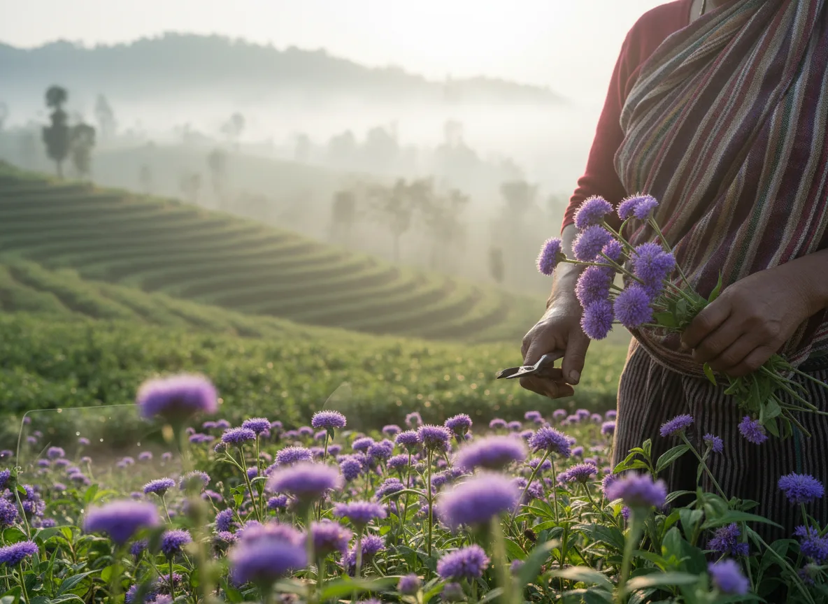 A farmer in Meghalaya harvesting purple Ageratum flowers in a terraced field, with misty hills in the background.