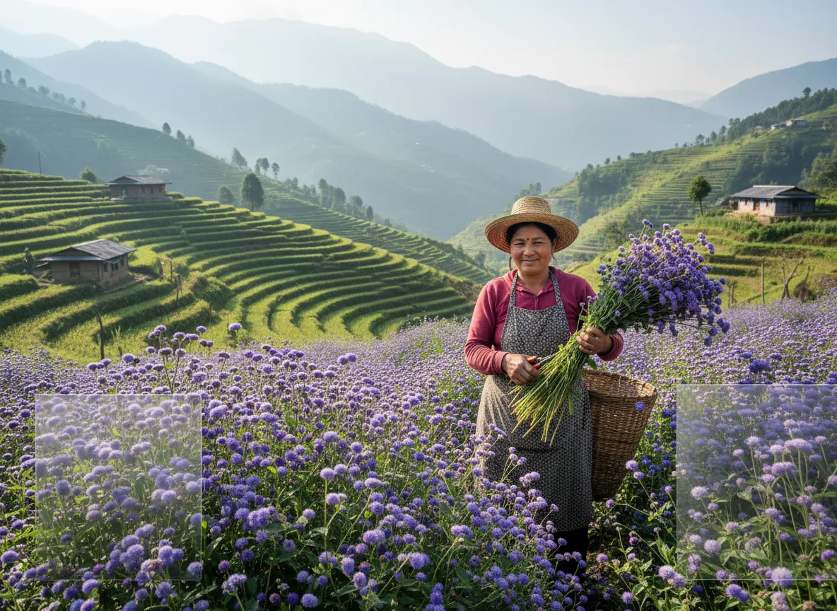 A Sikkimese farmer harvesting vibrant blue Ageratum flowers on a terraced farm with green hills in the background.