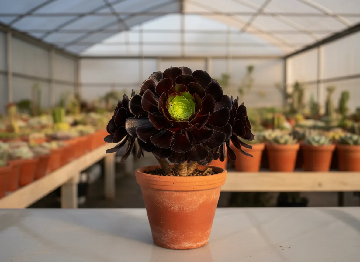 A stunning, deep purple Aeonium 'Zwartkop' succulent in a terracotta pot at an Indian nursery.