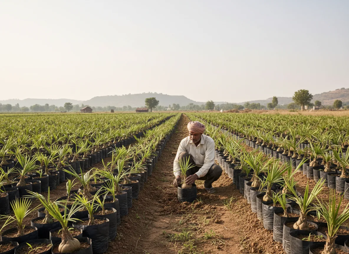 A field nursery in Ahmednagar, India, filled with rows of Beaucarnea recurvata plants at various stages of growth.