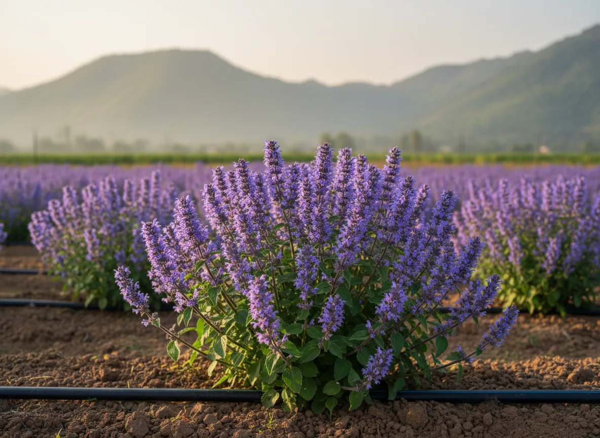 A healthy Ajuga bracteosa plant with blue flowers growing in a field in Nashik, with drip irrigation lines visible.