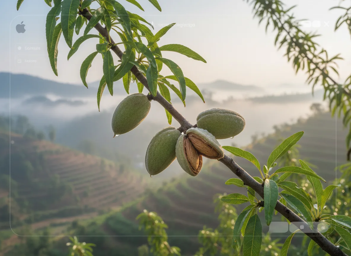 A cluster of maturing almonds on a tree branch in a terraced orchard in the hills of Manipur.