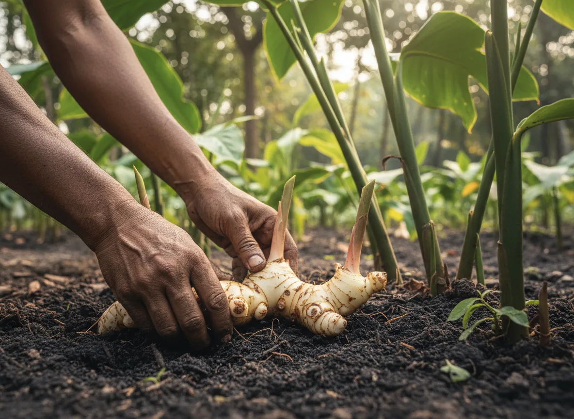 A farmer harvesting a fresh clump of Alpinia galanga (Kulinjan) rhizomes from the soil in a field in Gujarat.