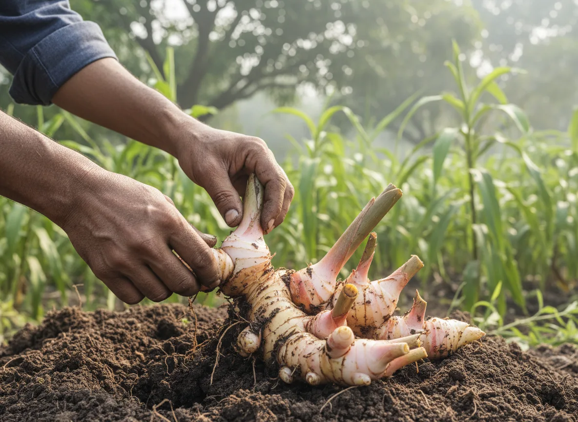 A farmer harvesting a fresh clump of Alpinia galanga (Bara Kulanjan) rhizomes from the soil in an orchard in Uttar Pradesh.