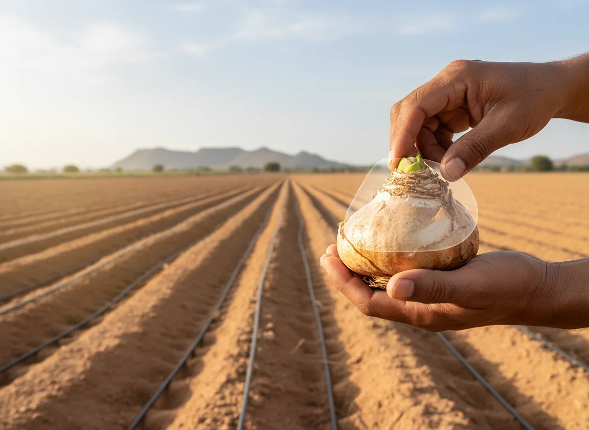 A farmer's hands inspecting a large Amaryllis bulb before planting it in a prepared field with drip irrigation in Kutch, Gujarat.