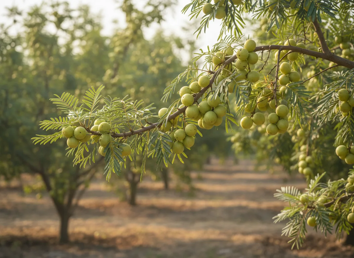 A branch of a mature amla tree heavy with round, pale-green fruits ready for harvest in a sunlit orchard.