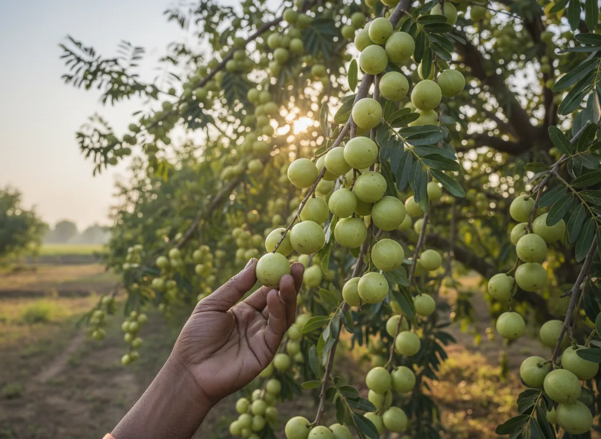 A mature amla tree in a Muzaffarnagar orchard, its branches heavy with ripe, pale green fruit, being inspected by a farmer.