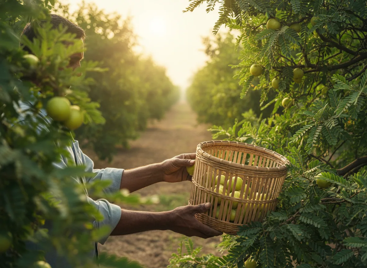 Farmer harvesting ripe Amla fruits from a tree in an orchard in Agra, placing them in a basket.
