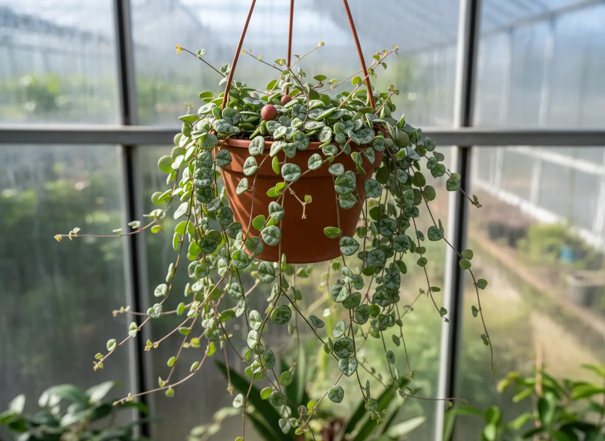 A healthy Anand Chain of Hearts plant with long, cascading vines of heart-shaped leaves in a hanging pot.