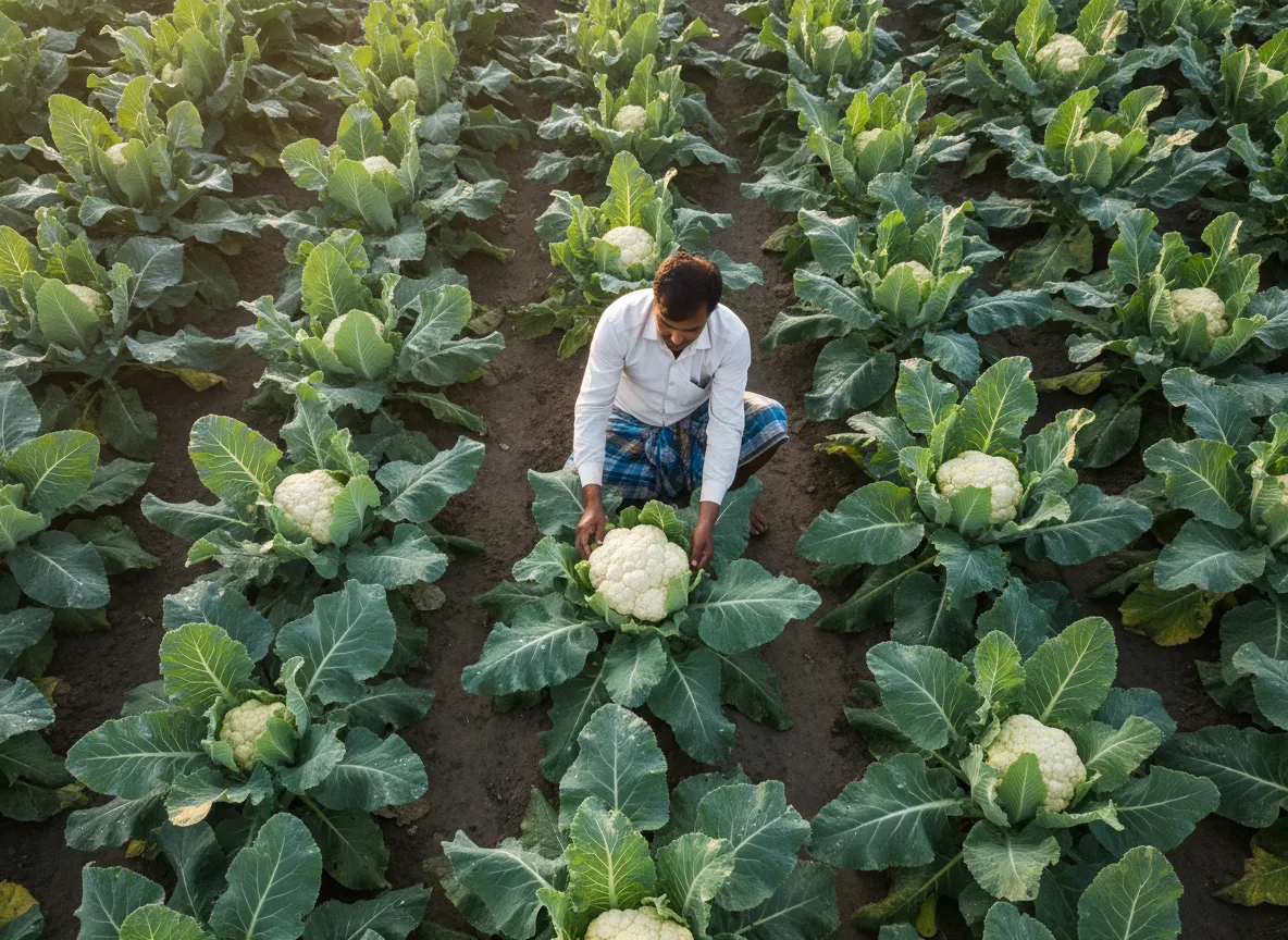 A farmer in an Andhra Pradesh field inspecting a large, white cauliflower curd ready for harvest.