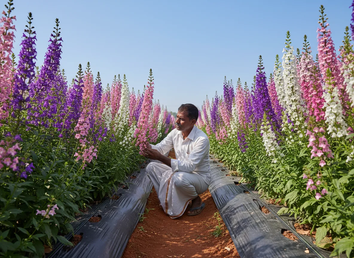 A farmer in Warangal inspecting a purple Angelonia flower spike in a field with neat rows of pink, white, and purple blooms.