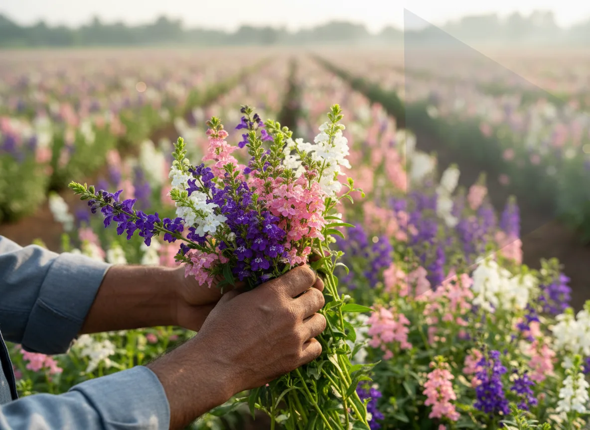 A farmer in Guntur, India, bunching vibrant purple and pink Angelonia cut flowers, with rows of plants in the background field.