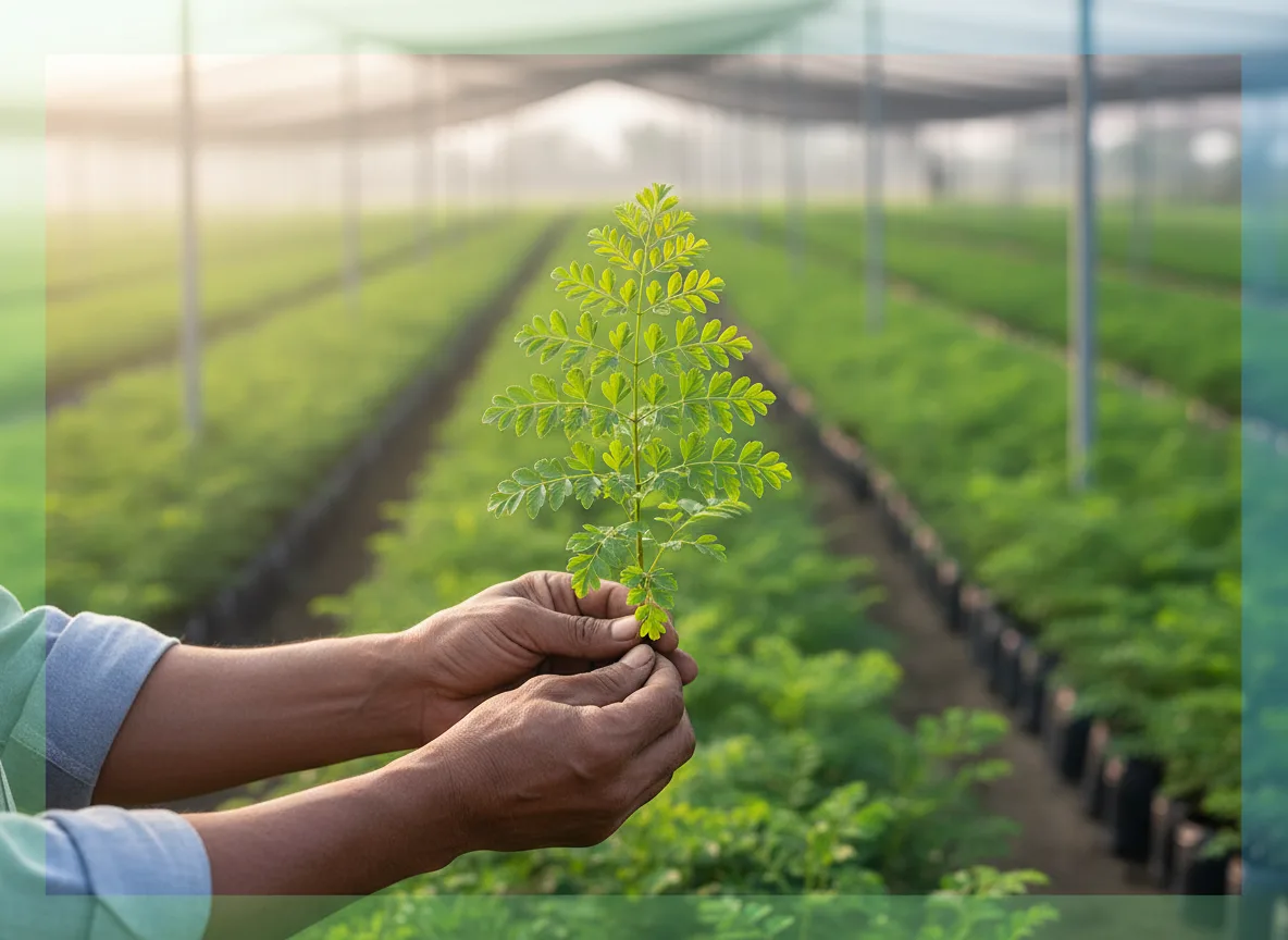 A farmer holds a healthy green Aralia cutting, ready for planting, with rows of Aralia plants in a nursery in the background.
