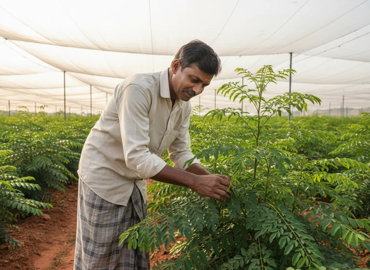 A farmer in Telangana carefully inspects the lush green leaves of a healthy Aralia plant in his well-managed commercial farm.