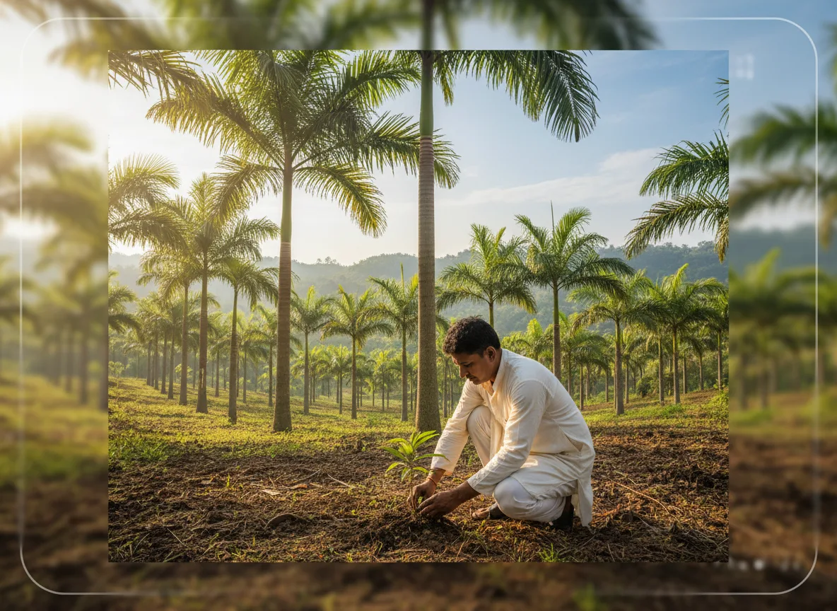 A farmer inspecting a young arecanut palm in a new plantation in the sub-tropical region of Jammu.