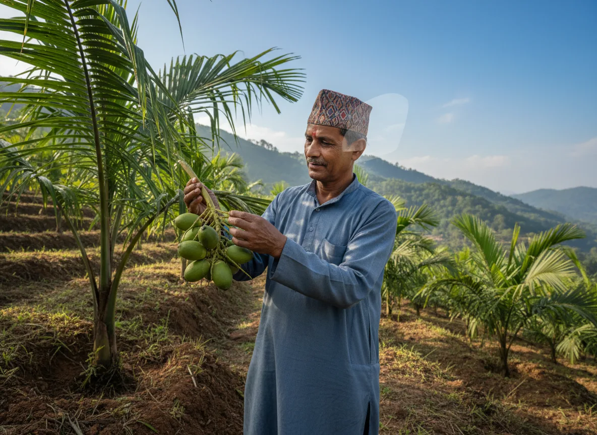 A farmer inspecting a bunch of green arecanuts in a terraced plantation in Himachal Pradesh, illustrating the potential for arecanut cultivation.