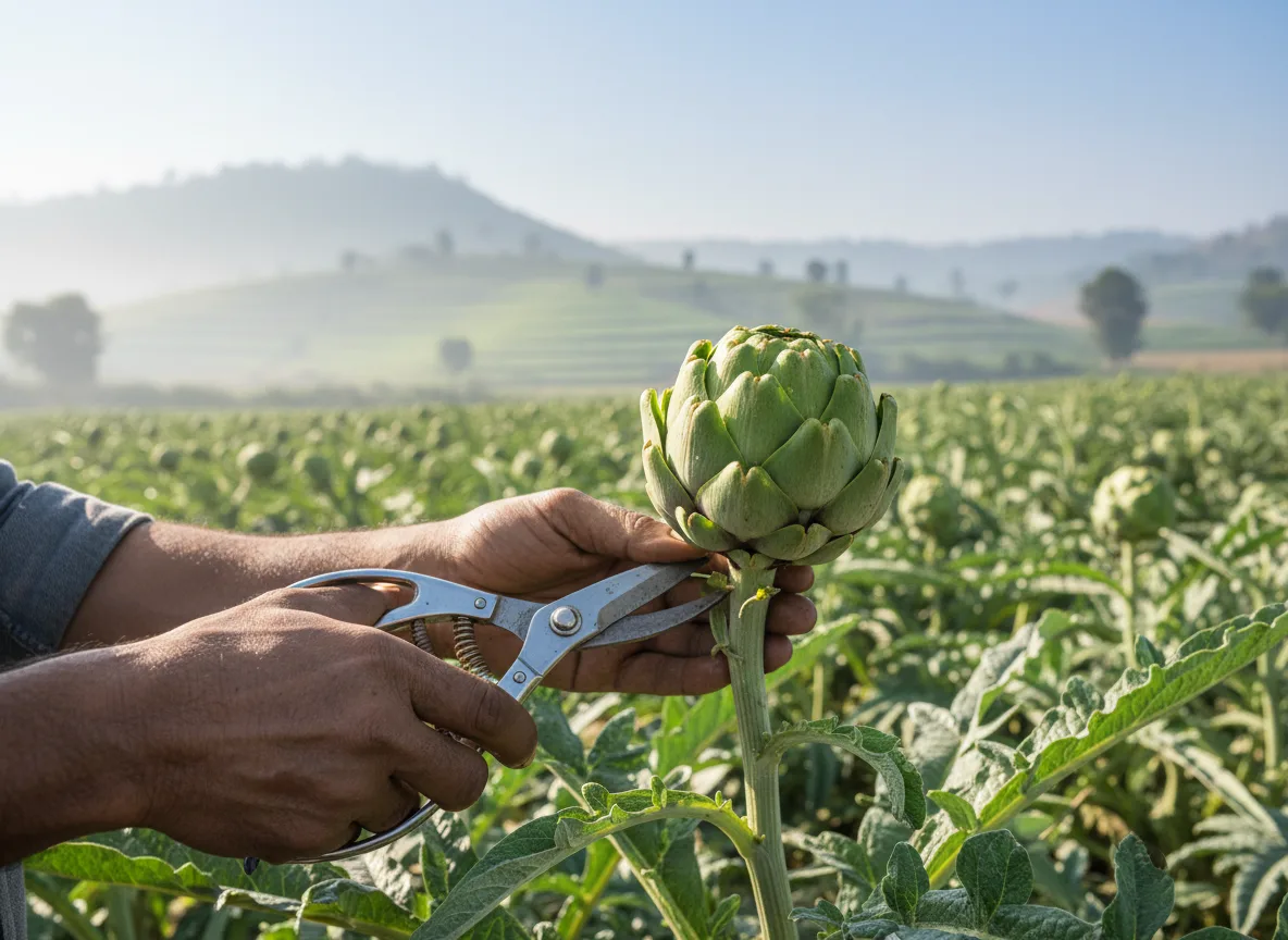 A farmer in Belagavi carefully harvesting a mature green globe artichoke from a healthy plant in a sunlit field.