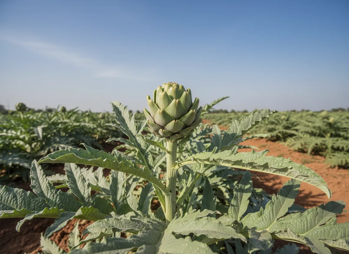 A close-up of a large, healthy artichoke bud ready for harvest in a field in Junagadh, India.