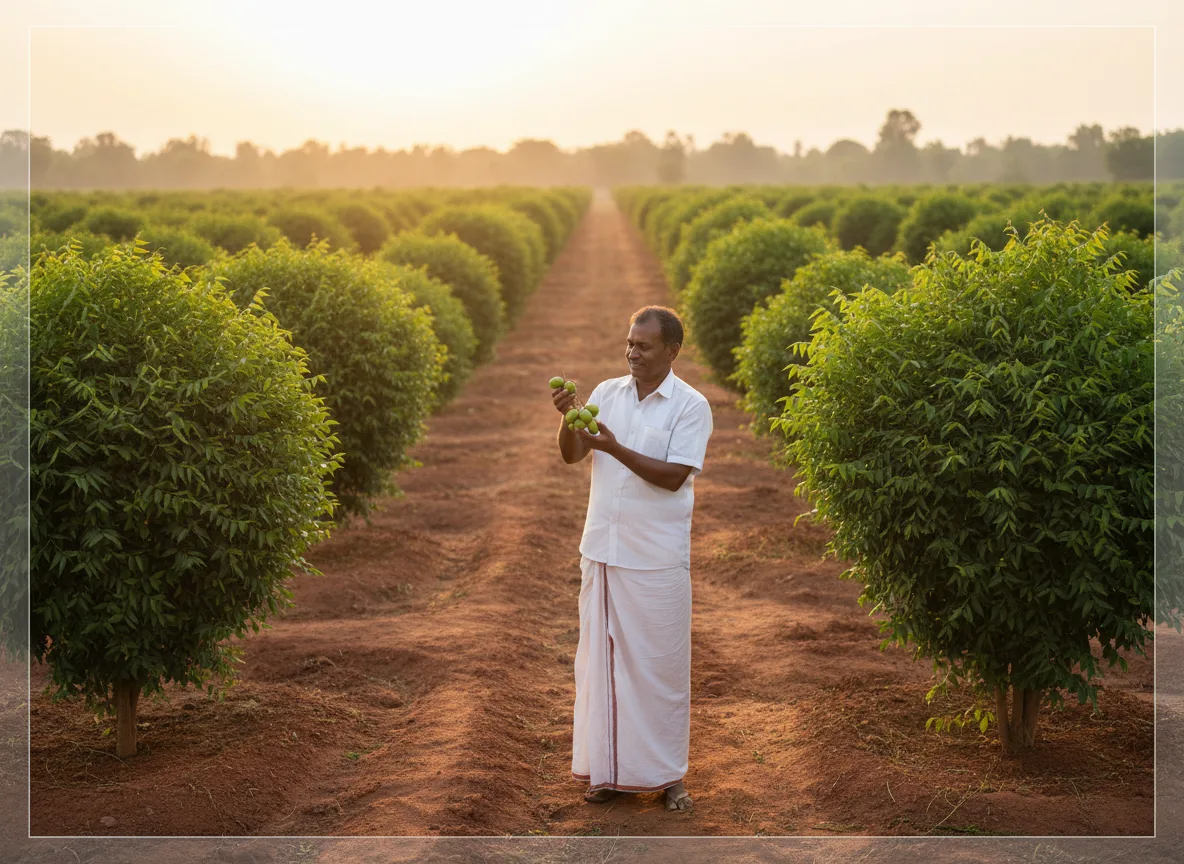 An Indian farmer in Warangal inspecting the fruit on a young Neem tree in his flourishing plantation.