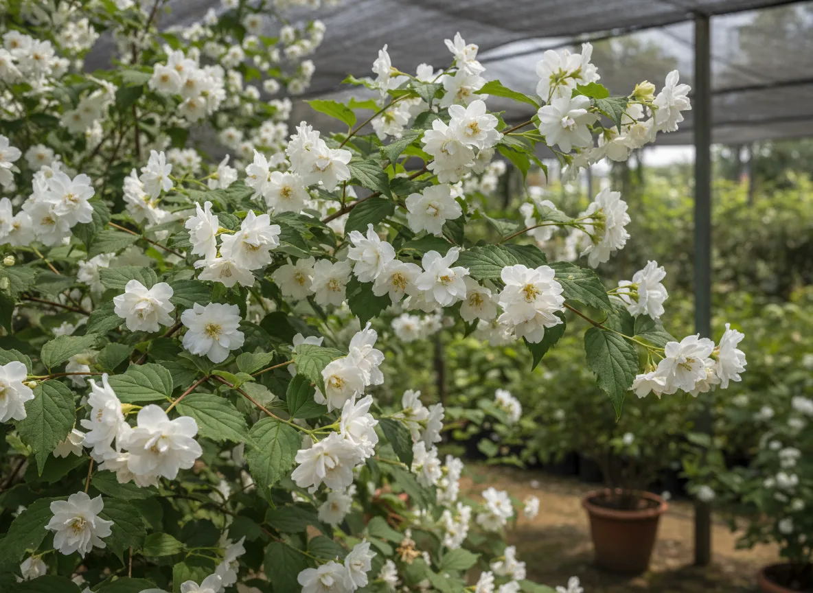 A healthy Deutzia scabra shrub with clusters of small, white, double-petaled flowers on its branches, growing in a nursery setting.