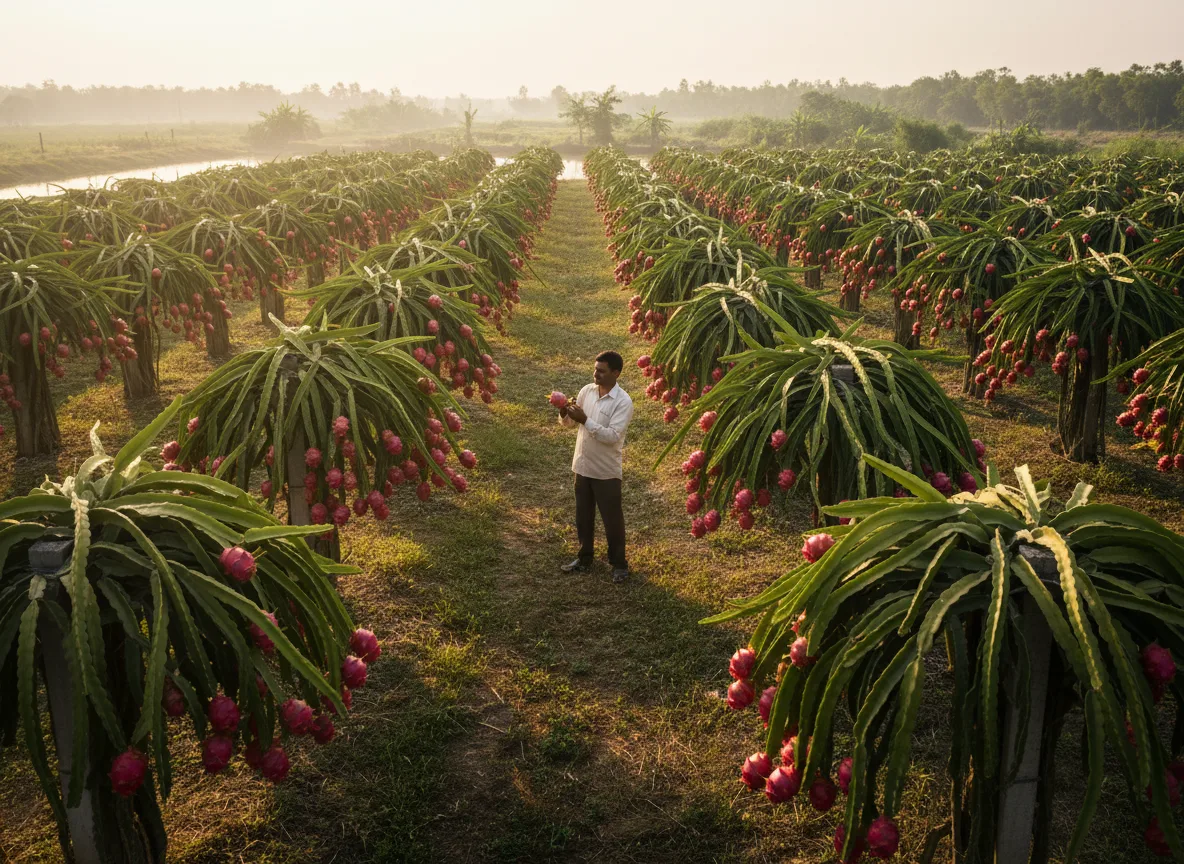 A farmer inspects a ripe pink dragon fruit in a thriving orchard set up with concrete poles in an Indian delta region.