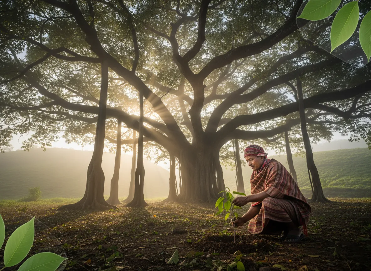 A farmer in Arunachal Pradesh inspects a young Banyan sapling planted near a giant, ancient Banyan tree in the misty hills.
