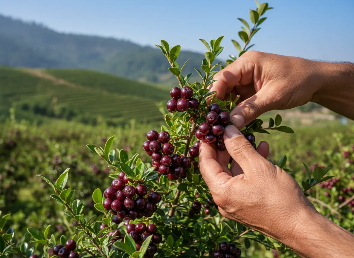 A farmer carefully harvesting ripe, red Assam Cotoneaster berries in a Himalayan orchard.