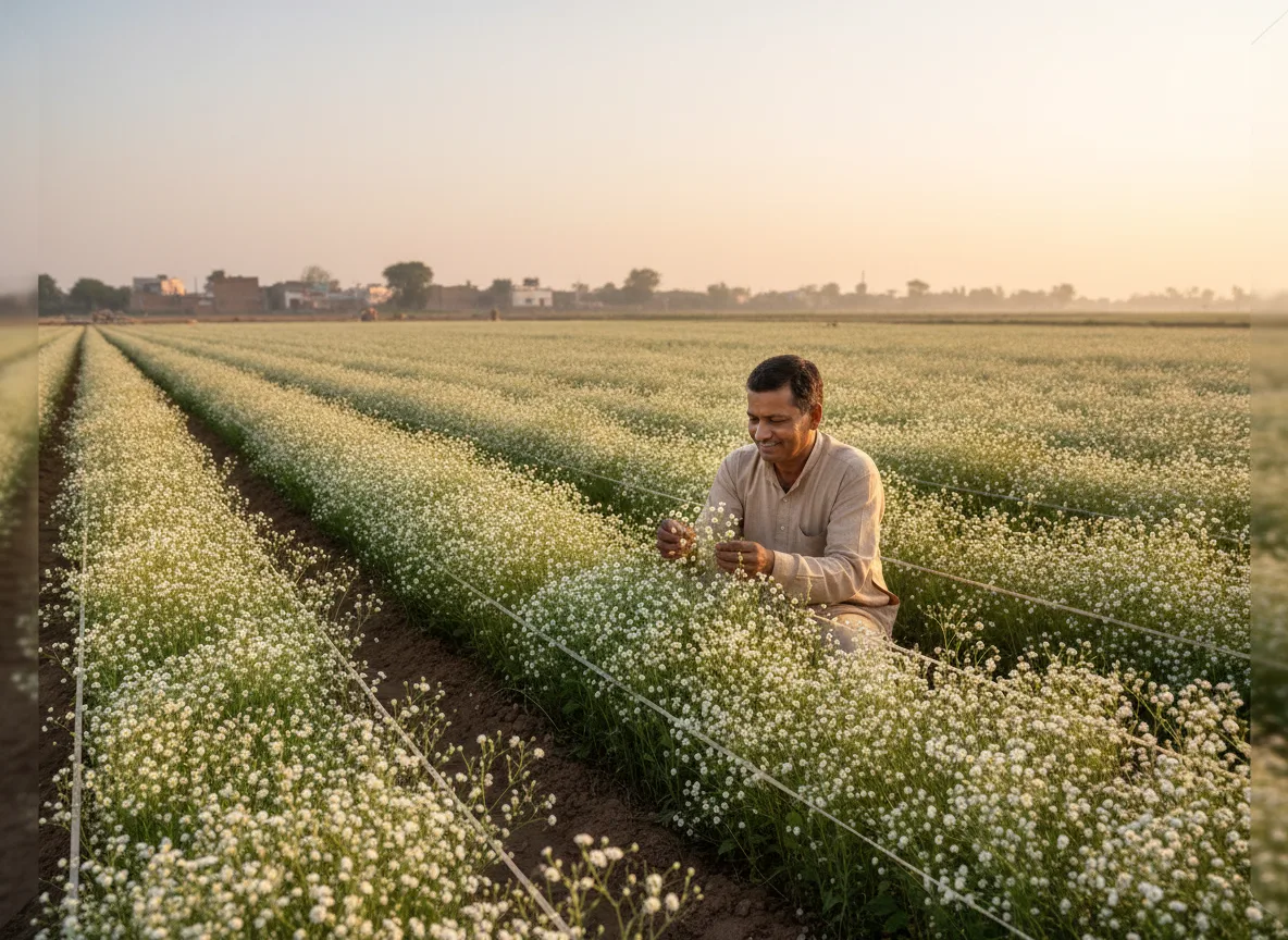 A farmer in Agra inspecting his crop of Baby's Breath (Gypsophila) flowers growing on raised beds with support netting.