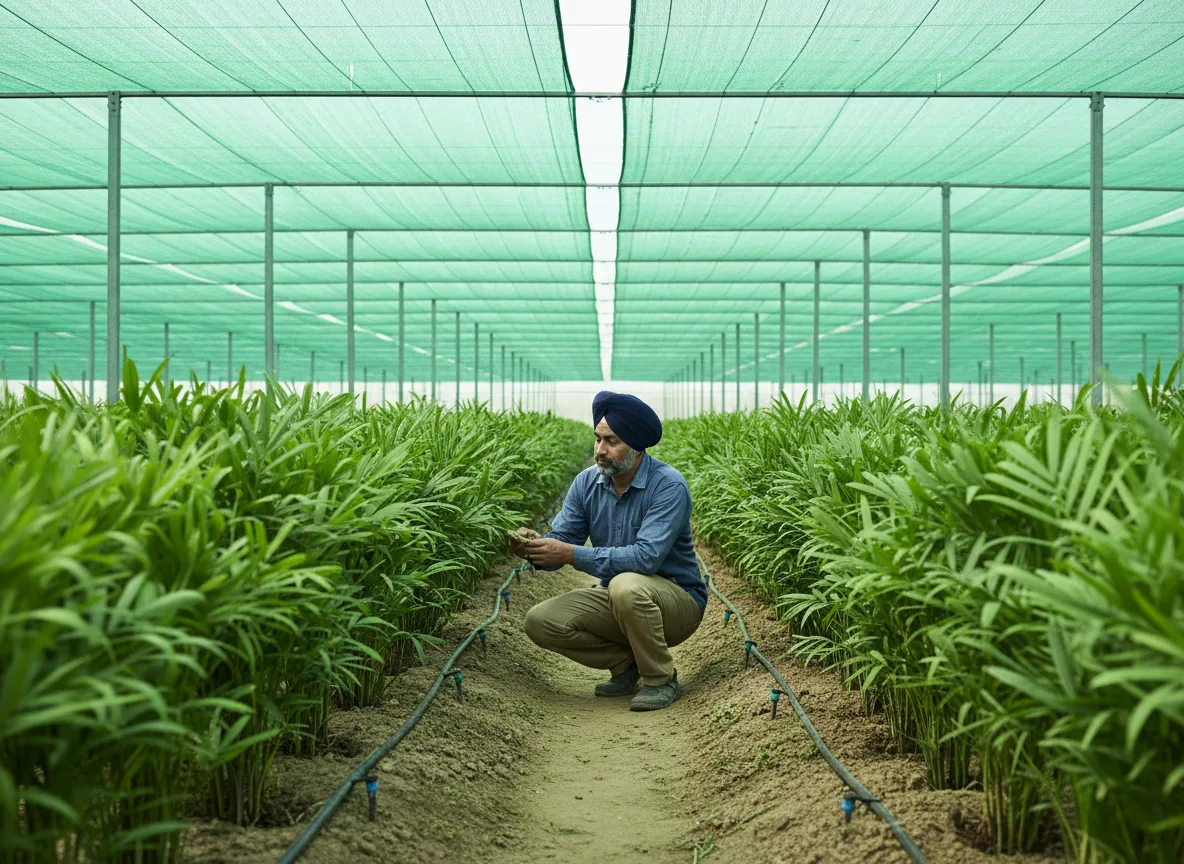 A Punjabi farmer inspecting rows of healthy Bamboo Palm plants growing inside a commercial shade-net house.