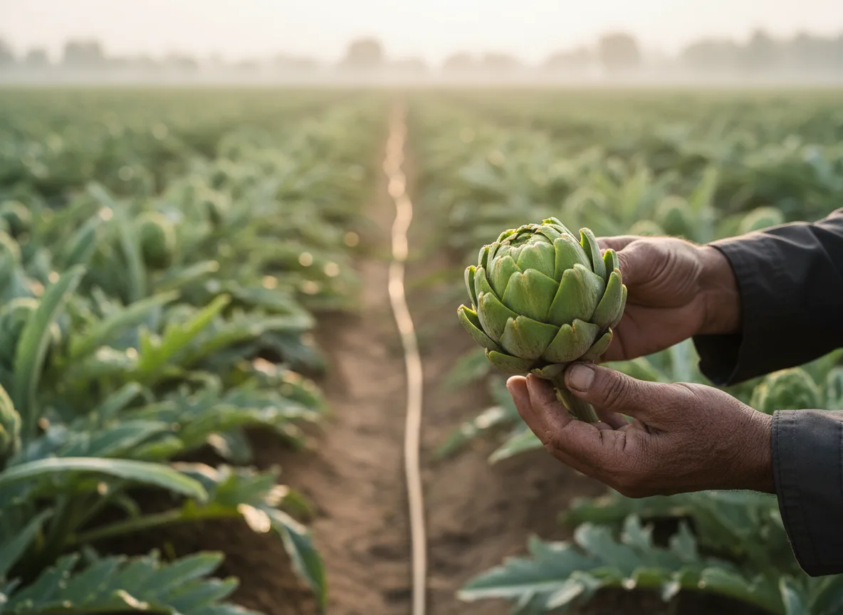 A farmer in Banaskantha inspects a mature artichoke bud, ready for harvest, on a healthy plant in the field.