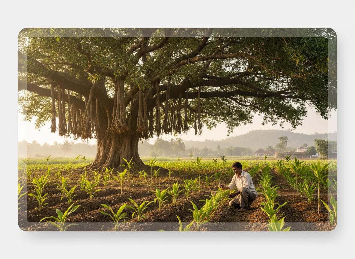A farmer in Tripura inspects crops growing in an agroforestry system under the shade of a large banyan tree.