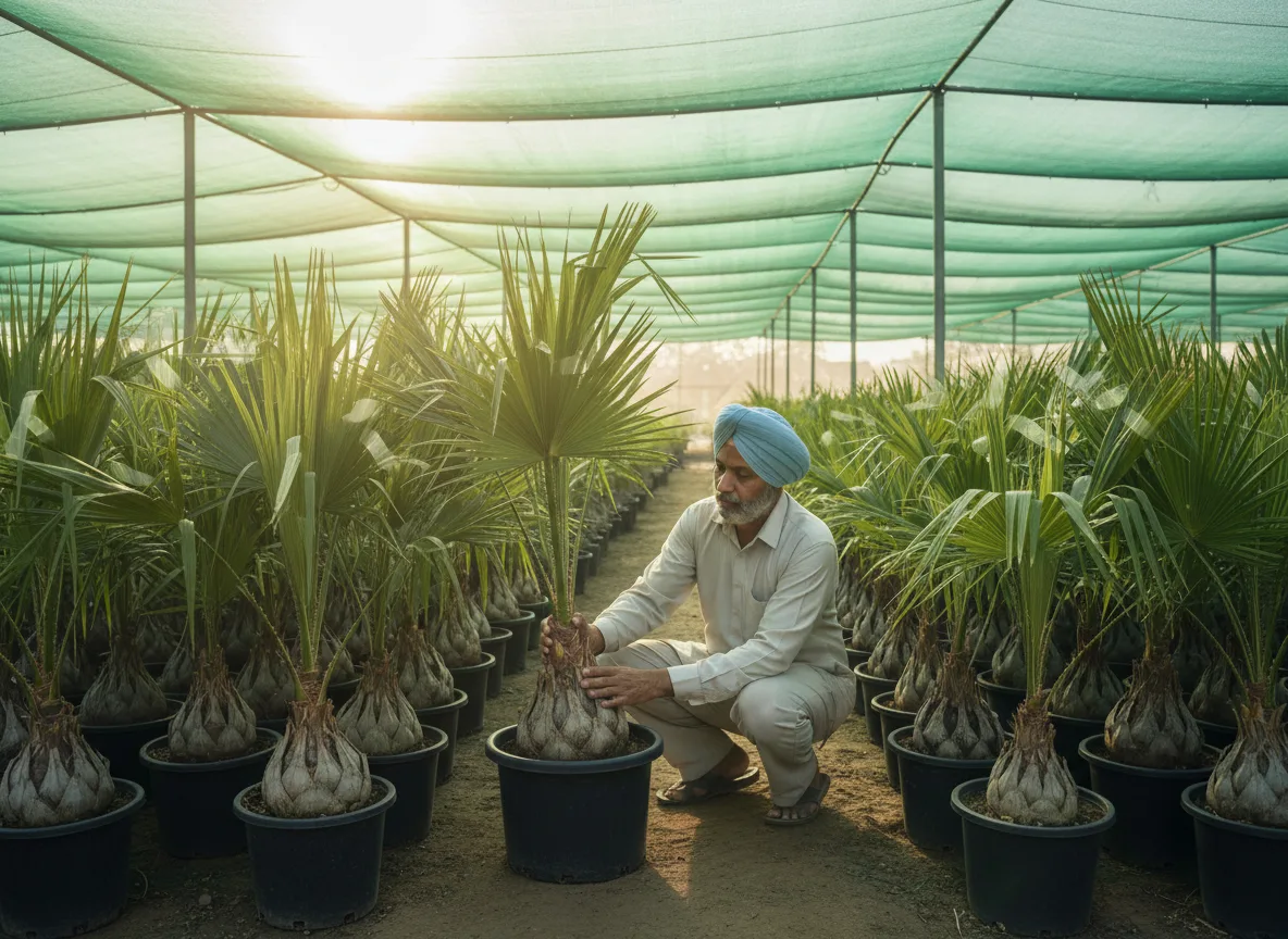 A Punjabi farmer inspecting a healthy Beaucarnea recurvata (Ponytail Palm) plant in his nursery in Ludhiana.