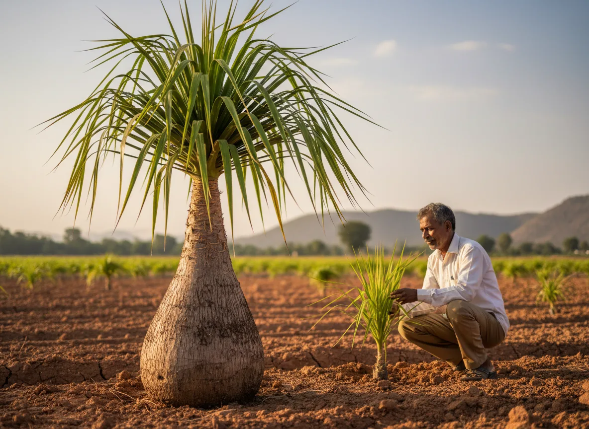 A mature Ponytail Palm (Beaucarnea recurvata) with a large bulbous base growing in a field in Solapur, India.