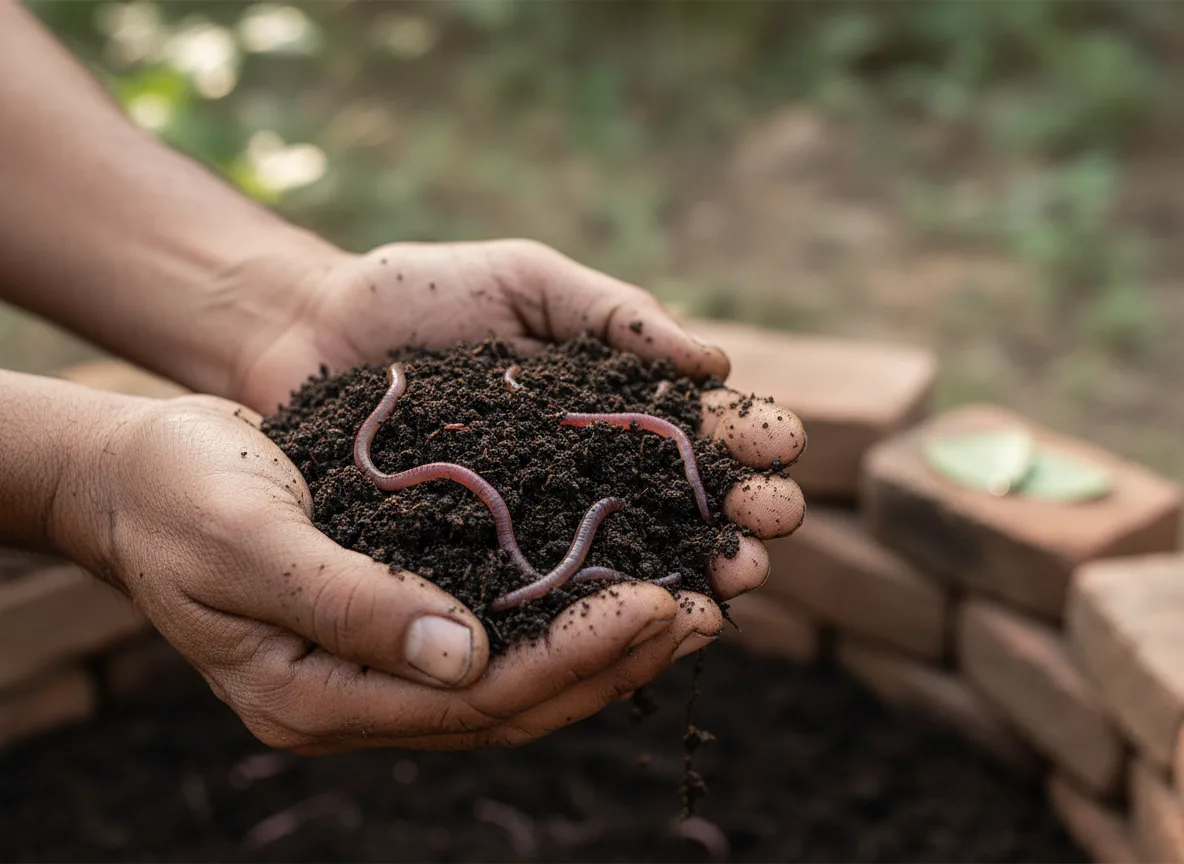 A farmer's hands holding a handful of dark, nutrient-rich vermicompost teeming with Eisenia fetida earthworms.