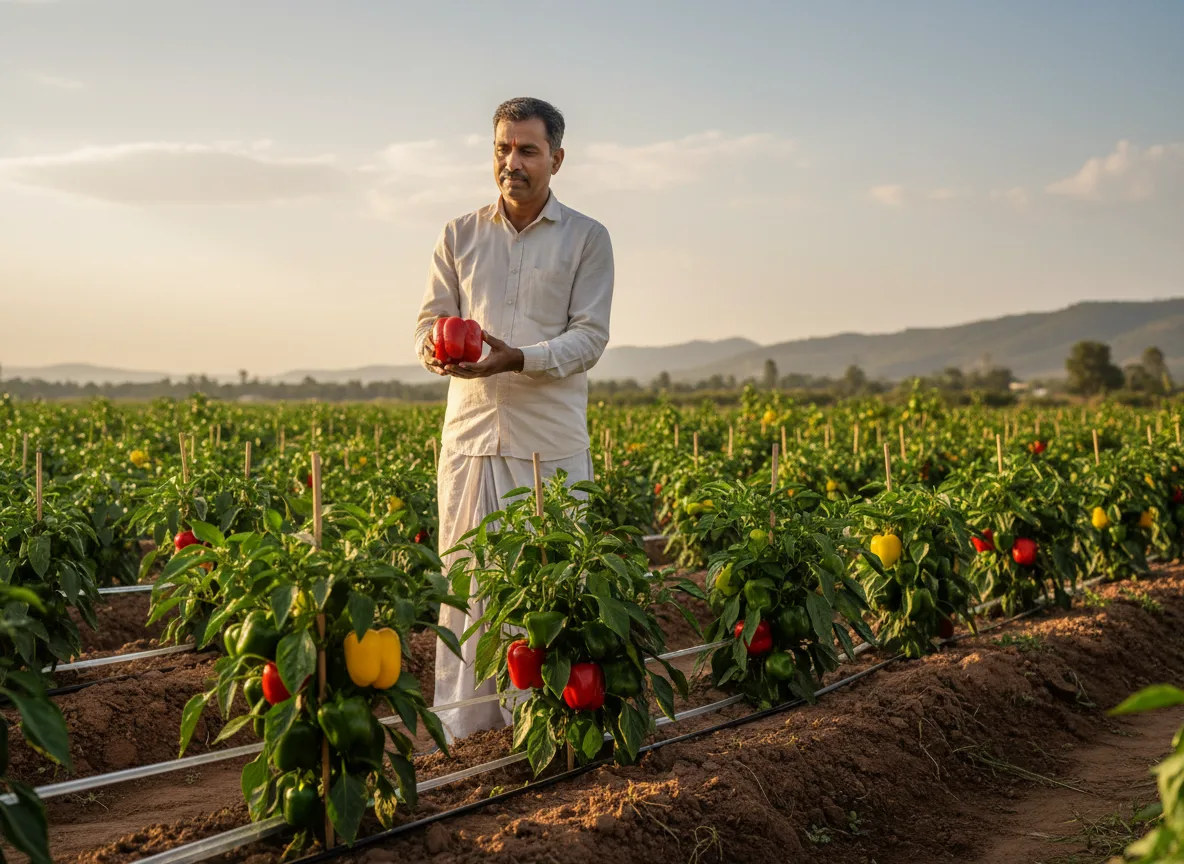 A farmer in Tamil Nadu inspecting a ripe red bell pepper growing on a staked plant in a well-managed field.