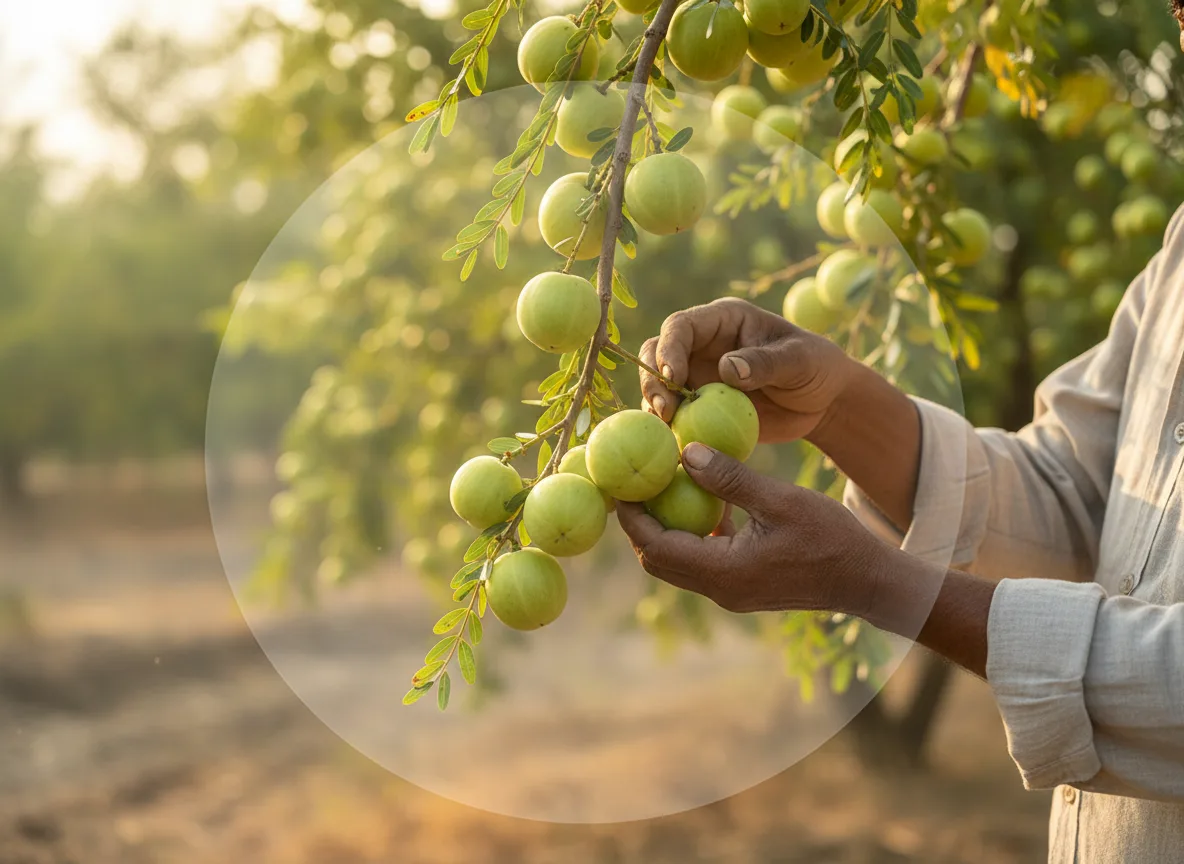 A farmer's hands harvesting large, ripe Bhopal Amla fruits from a tree in an Indian orchard.