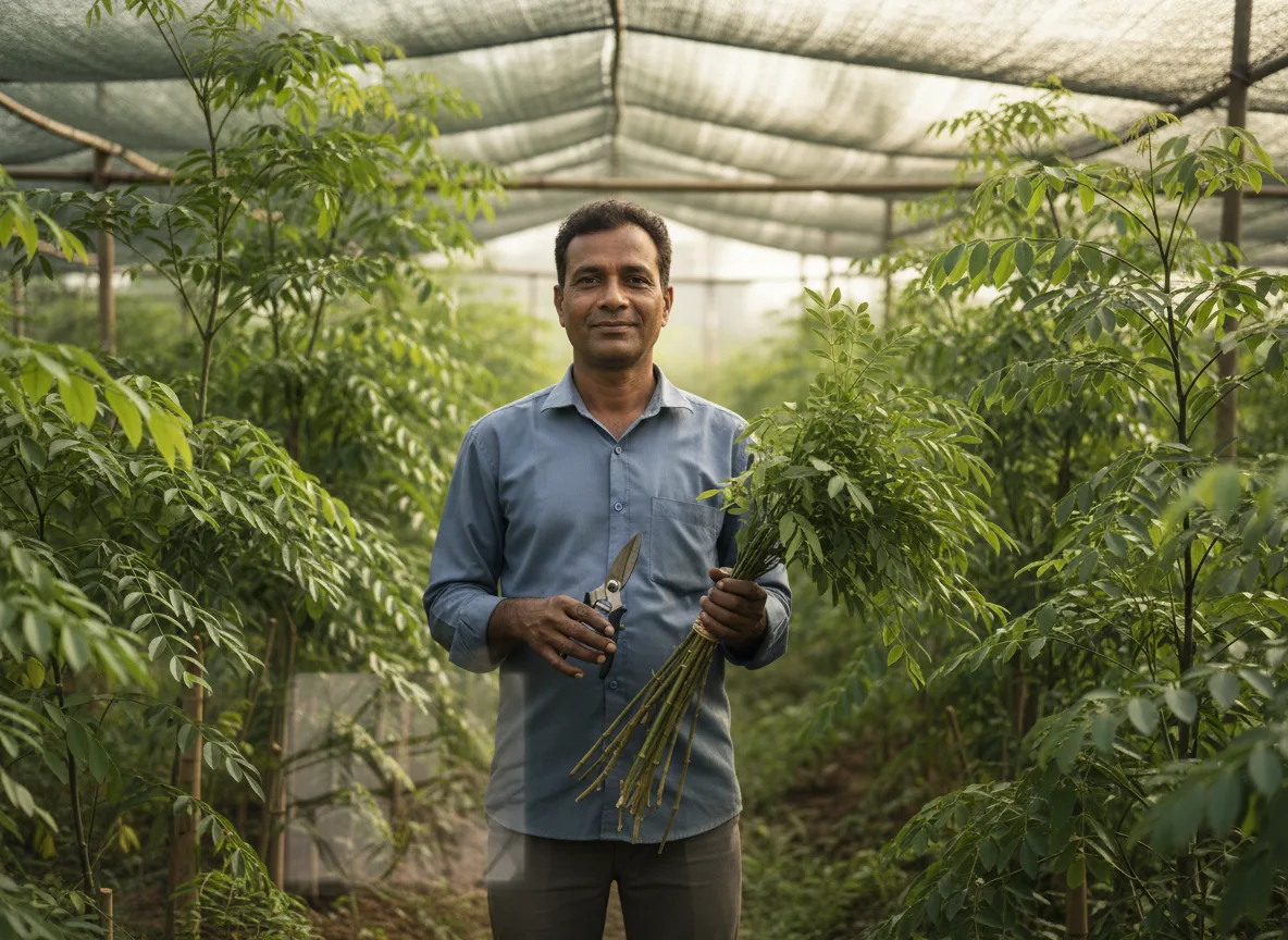 A farmer in Bihar inspects a healthy crop of Aralia, holding a bundle of freshly harvested stems for the ornamental market.
