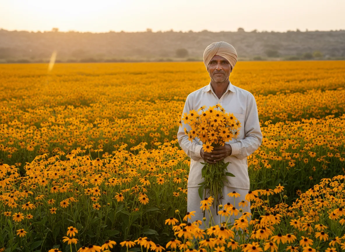 A farmer in Bundelkhand, India, stands in his thriving field of yellow Black-Eyed Susan flowers at sunrise.