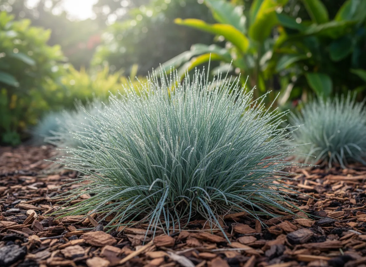 A healthy clump of ornamental Blue Fescue grass with silvery-blue blades growing in a garden in Tanjore.